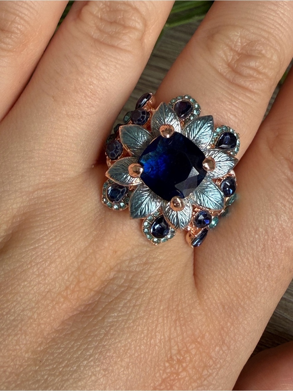 Blue Floral Statement Ring Sterling Silver 925 Light Rose Gold